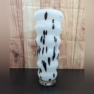 Krosno Black White Spatter Art Deco Glass Vase Ribbed Rings 14" Rare As Is Rare